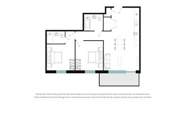 A floor plan of a house with a kitchen, living room, and two bedrooms.