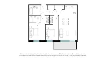 A floor plan of a house with a kitchen, living room, and bathrooms.