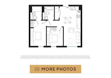 A black and white floor plan of a house with a kitchen, living room, and two bedrooms.