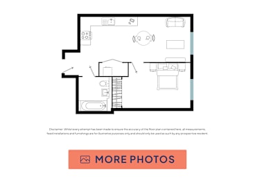 A floor plan of a house with a kitchen, living room, and bathroom.