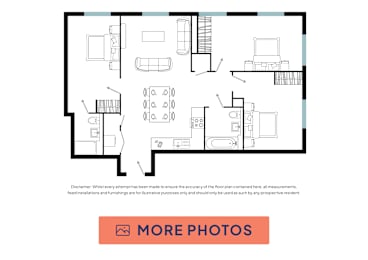 A floor plan of a house with a kitchen, living room, and bathrooms.