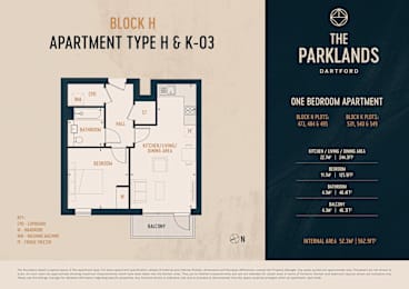 A floor plan and price list for a one bedroom apartment at The Parklands.