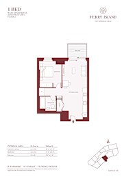 A floor plan of a 1 bedroom apartment in Ferry Island.