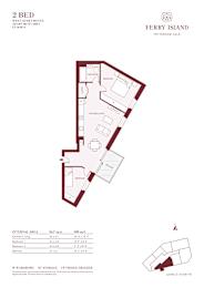 A floor plan of a 2 bedroom apartment at Ferry Island.