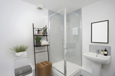 Floor Plan  a small bathroom with a shower and a sink