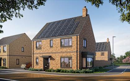 A modern brick house with a black roof and a car parked in front.at Penny Green Apartments, St Neots, WINTRINGHAM
