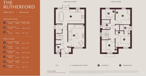 A floor plan for a property called The Rutherford, which is 1080 square feet and has a ground floor and first floor layout.