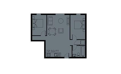 A floor plan of a 721 square foot home with a kitchen, living room, and two bedrooms.