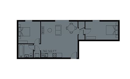 A floor plan of a house with a kitchen, living room, and two bedrooms.