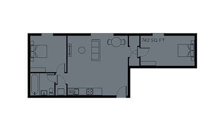 A floor plan of a 742 square foot home.