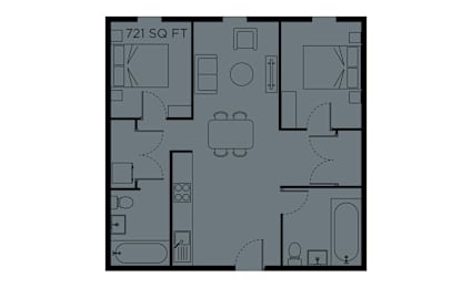 A floor plan of a 721 square foot apartment.