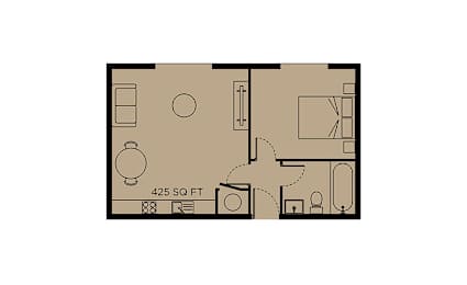 A floor plan of a 425 square feet apartment.