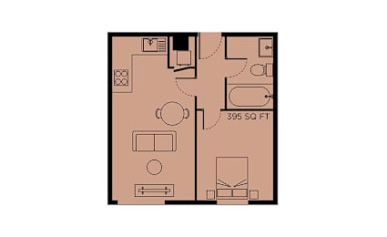 A floor plan of a room with a kitchen area and a living room.