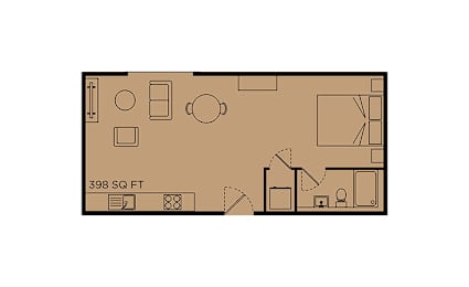 A floor plan of a 398 square feet room with furniture layout.