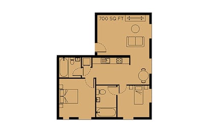 A floor plan of a 700 square feet home.