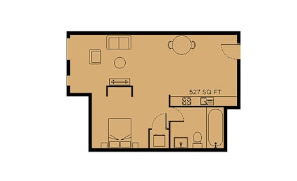 A floor plan of a room with a kitchen area and a living room.