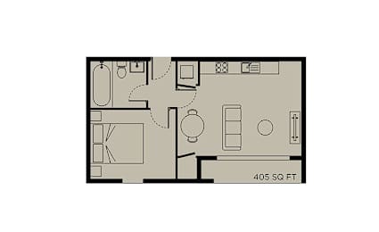 A floor plan of a 405 square feet apartment.