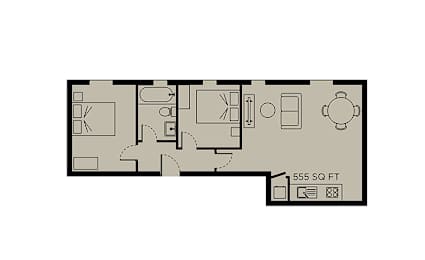 A floor plan of a 555 square foot apartment.