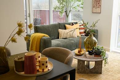 A living room with a grey couch, a coffee table, and a window.
