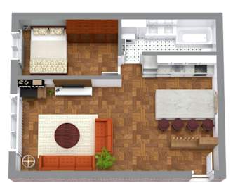 A top-down view of a kitchen and living room with a dining table and chairs.