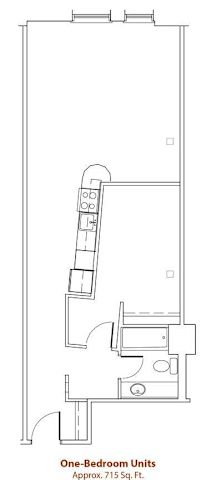 Floor Plan  A floor plan of a one-bedroom unit that is approximately 715 square feet.