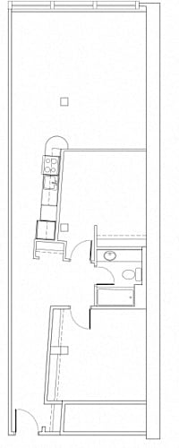 Floor Plan  A black and white architectural floor plan with a staircase and a small square.