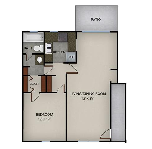 Floor Plan  1 Bedroom 1 Bath | 890 SF.