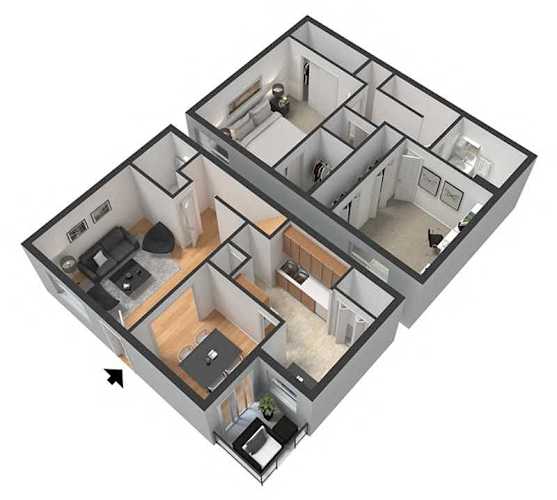 Floor Plan  A 3D image of a house layout with a kitchen, living room, and bedrooms.