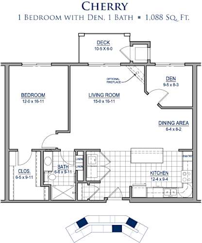 Floor Plan  A drawing of a one bedroom apartment with den and bath.