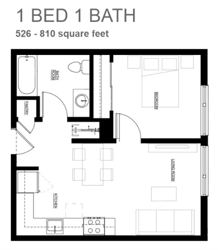 Floor Plan  floor plan of a 1 bed 1 bath apartment