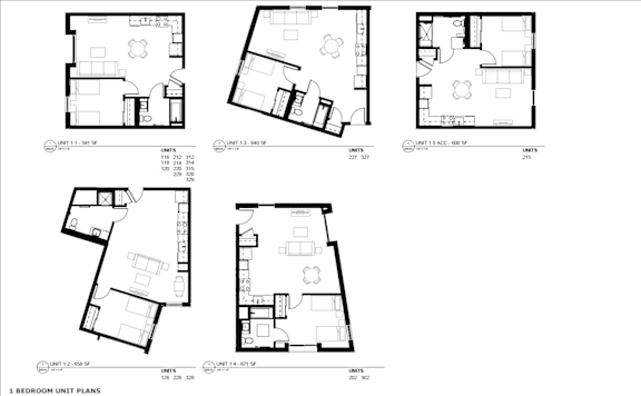 Floor Plan  Six different floor plans for a 1 bedroom unit are displayed.