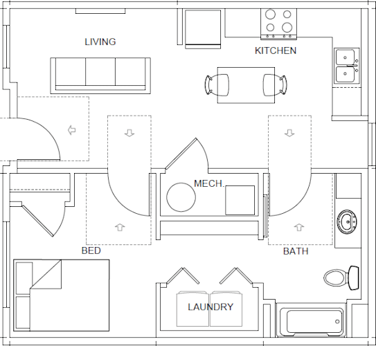 Floor Plan  A floor plan of a house with labeled rooms such as living room, kitchen, bedroom, bathroom, and laundry.