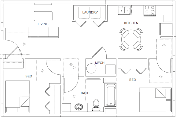 Floor Plan  A floor plan of a small apartment with a living room, kitchen, two bedrooms, and a bathroom.
