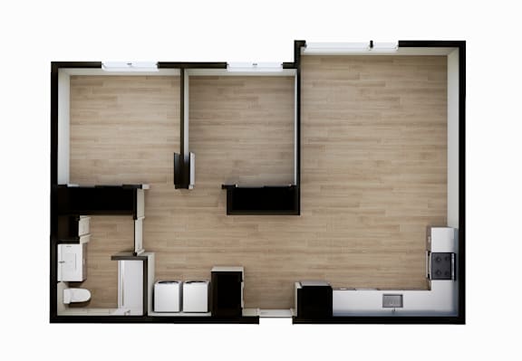 Floor Plan  A top down view of a kitchen with a sink, stove and cabinets.