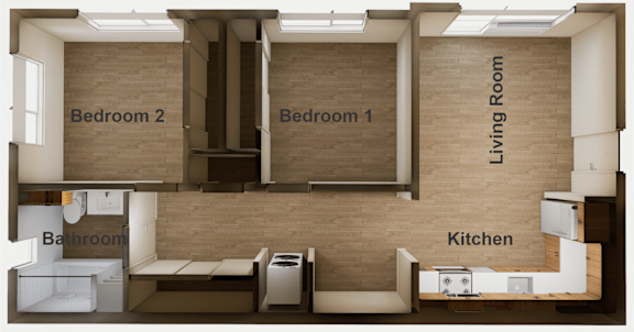 Floor Plan  A diagram of a small apartment with a living room, kitchen, and two bedrooms.