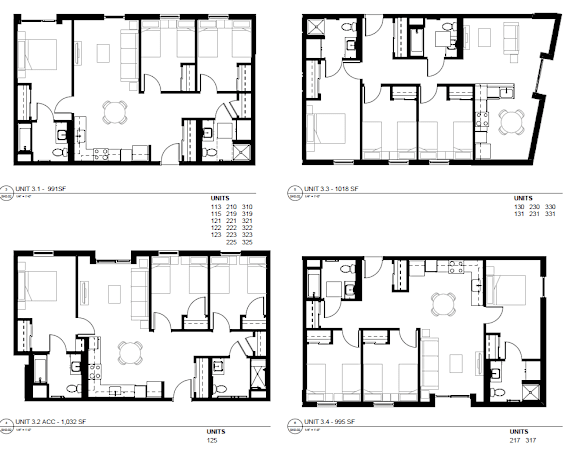 Floor Plan  Four floor plans for apartments numbered 31-5915F, 31-1015F, 31-A0C-1032SF, and 31-995