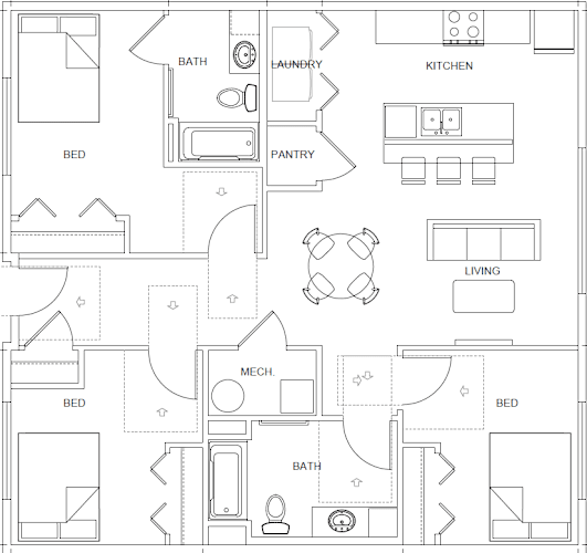 Floor Plan  A floor plan of a house with labeled rooms such as Bath, Laundry, Kitchen, Bed, and Pantry.