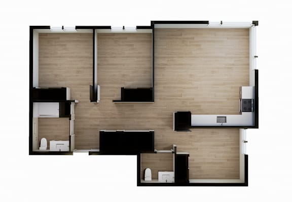 Floor Plan  A top down view of a house layout with a kitchen, living room, and bathroom.