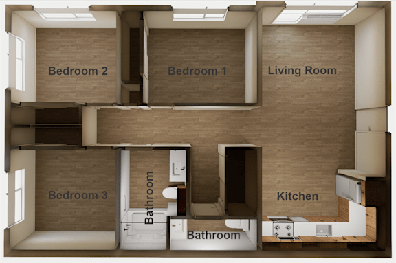 Floor Plan  A diagram of a house layout with three bedrooms, a living room, a kitchen, and two bathrooms.