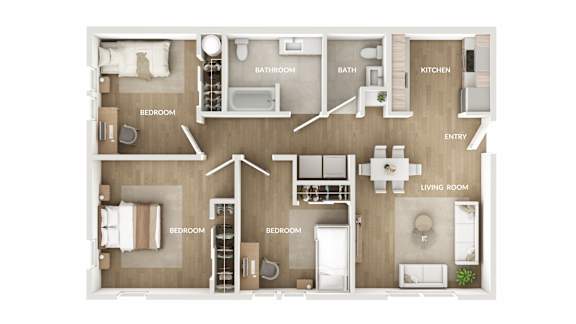 Floor Plan  Beech Street Commons 3 Bedroom Floorplan Rendering