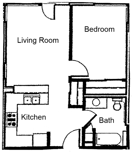Floor Plan  a floor plan of a living room with a bathroom and a kitchen