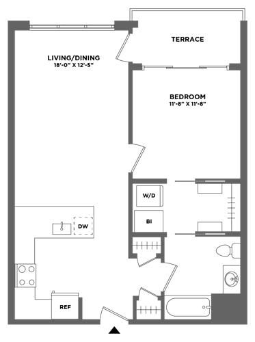 Floor Plan  large one bed, washer dryer in unit, balcony, luxury finishes