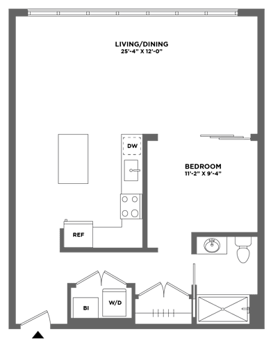 Floor Plan  large one bed, washer dryer in unit, luxury finishes, oversized windows
