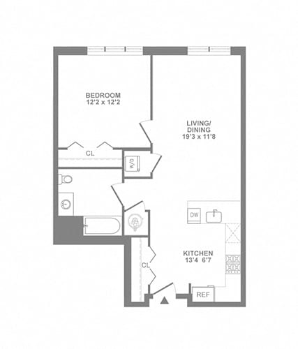Floor Plan  A floor plan of a small apartment with a bedroom, living/dining area, kitchen, and a reference line.