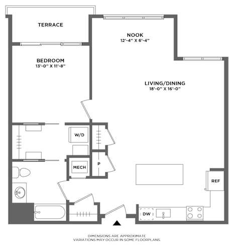 Floor Plan  large one bed, extra space, bonus space, terrace, walk in closet, luxury finishes, washer dryer in home