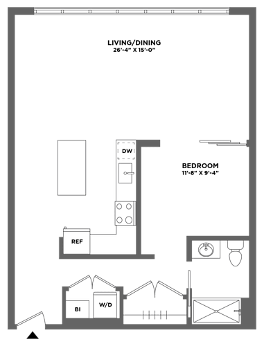 Floor Plan  large one bed, quartzite counters, washer dryer in home, hardwood floors