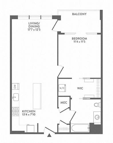 Floor Plan  A black and white image of a floor plan for a home with a living/dining area, kitchen, bathroom, bedroom, and work area.