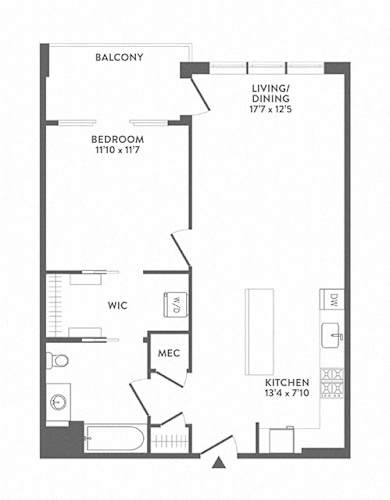 Floor Plan  A floor plan of an apartment with a bedroom, living/dining area, kitchen, and a WC.