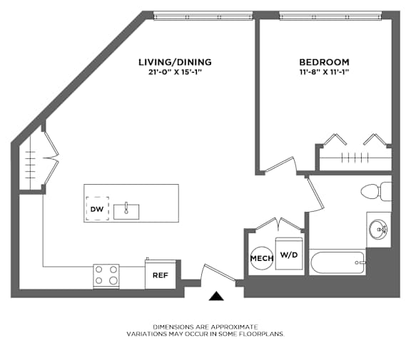 Floor Plan  oversized one bed layout, luxury finishes, ample closet space
