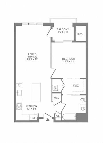 Floor Plan  A floor plan of a small apartment with a living room, dining room, kitchen, bedroom, and bathroom.